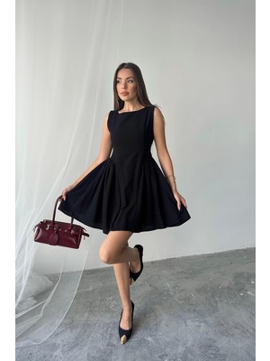 Maxi Modena Siyah Mini Boy Büzgülü Keten Elbise