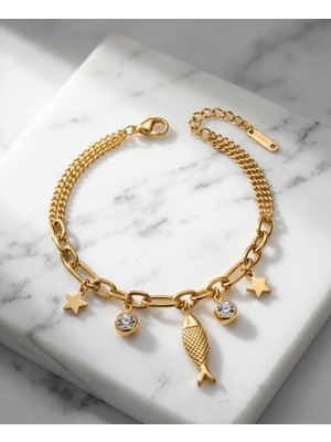Triya Wear Studio Triya Studio Gold Balık Figürlü Kadın Bileklik – Doğal Taşlı & Yıldız Charm 316L Çelik Lüks Çift Sıra Zincir Bileklik