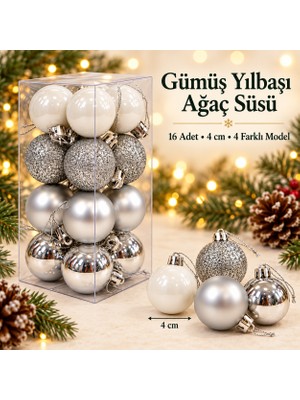 Mubx 16’lı 4 cm Yılbaşı Ağacı Süs Topu Seti 4 Farklı Model Mat Parlak ve Simli Dekoratif Toplar