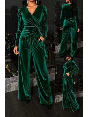 Moda Şehri Kadın Uzun Kollu Kruvaze Yakalı Yandan Büzgülü Fular Detaylı Kadife Bluz ve Cepli Pantolon Ikili Takım