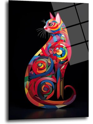 GLAZELLA Rengarenk Kedi: Modern Soyut Geometrik Cam Tablo