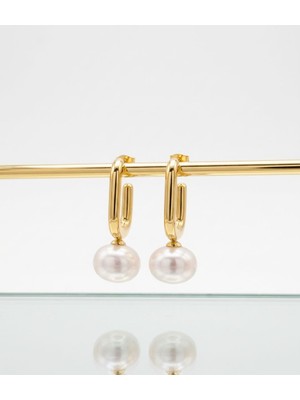 Triya Wear Studio Triya Studio Gold Halka Iri Doğal Inci Küpe – Lüks Doğal Taşlı İNCILI-316L Çelik Kadın Sallantılı Küpe