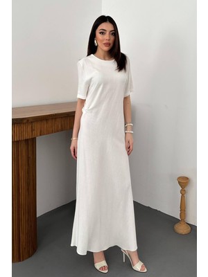 Maxi Modena Ekru Pileli Bisiklet Yaka Elbise