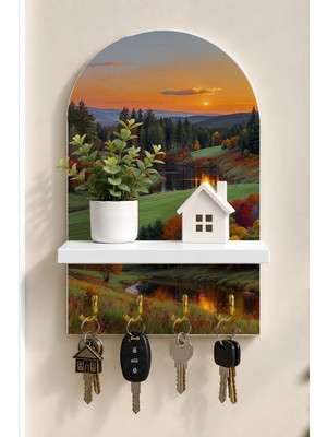 Soprano Sonbahar Vadisinde Güneş Temalı Raflı 4 Kancalı Duvar Anahtarlığı, 35 x 20 Cm, Mdf