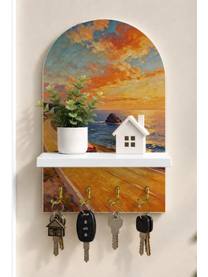 Soprano Deniz Yolunda Kırmızı Otomobil Temalı Raflı 4 Kancalı Duvar Anahtarlığı, 35 x 20 Cm, Mdf