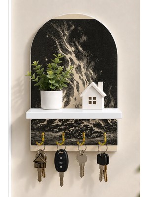 Soprano Siyah Beyaz Şelale Temalı Raflı 4 Kancalı Duvar Anahtarlığı, 35 x 20 Cm, Mdf