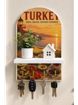 Soprano Türk Kahvaltısı ve Gün Batımı Temalı Raflı 4 Kancalı Duvar Anahtarlığı, 35 x 20 Cm, Mdf