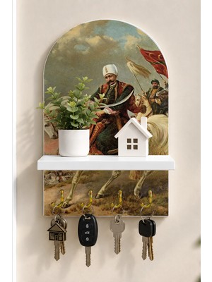 Soprano At Üzerinde Osmanlı Süvarisi Temalı Raflı 4 Kancalı Duvar Anahtarlığı, 35 x 20 Cm, Mdf