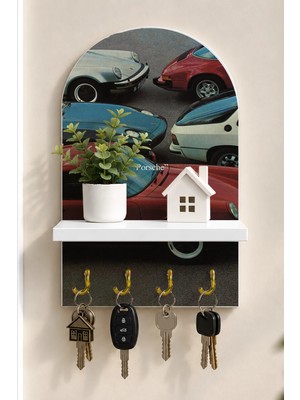 Soprano Sokakta Klasik Otomobiller Temalı Raflı 4 Kancalı Duvar Anahtarlığı, 35 x 20 Cm, Mdf