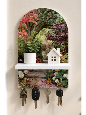 Soprano Çiçekli Bahçe Kemeri Temalı Raflı 4 Kancalı Duvar Anahtarlığı, 35 x 20 Cm, Mdf