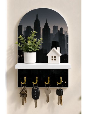 Soprano Gece Şehir Silüeti Temalı Raflı 4 Kancalı Duvar Anahtarlığı, 35 x 20 Cm, Mdf