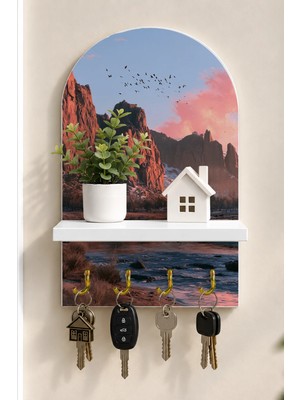 Soprano Kızıl Kanyon ve Nehir Temalı Raflı 4 Kancalı Duvar Anahtarlığı, 35 x 20 Cm, Mdf