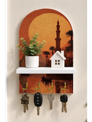 Onyx Lab Onyxlab Gün Batımında Mısır Piramitleri Temalı Raflı 4 Kancalı Duvar Anahtarlığı, 35 x 20 Cm, Mdf