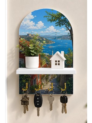 Onyx Lab Onyxlab Kıyı Kasabası ve Mavi Deniz Temalı Raflı 4 Kancalı Duvar Anahtarlığı, 35 x 20 Cm, Mdf