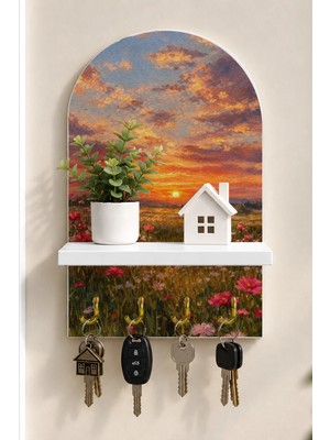Soprano Gün Batımında Çiçekli Kır Temalı Raflı 4 Kancalı Duvar Anahtarlığı, 35 x 20 Cm, Mdf