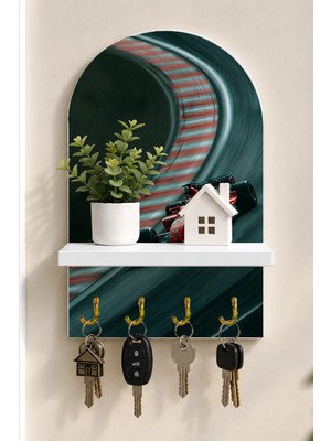 Onyx Lab Onyxlab Virajda Kırmızı Yarış Otomobili Temalı Raflı 4 Kancalı Duvar Anahtarlığı, 35 x 20 Cm, Mdf