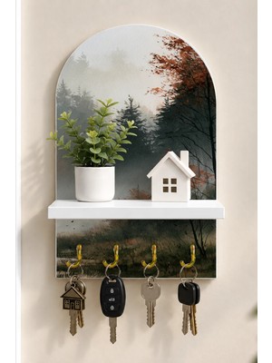 Onyx Lab Onyxlab Sisli Sonbahar Ormanı Temalı Raflı 4 Kancalı Duvar Anahtarlığı, 35 x 20 Cm, Mdf