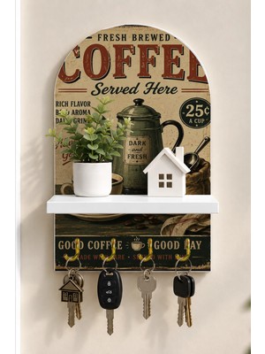 Soprano Retro Kahve Afişi Temalı Raflı 4 Kancalı Duvar Anahtarlığı, 35 x 20 Cm, Mdf