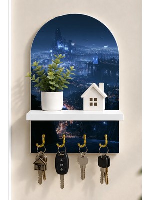 Soprano Tepeden Gece Şehri Temalı Raflı 4 Kancalı Duvar Anahtarlığı, 35 x 20 Cm, Mdf