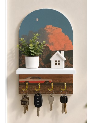 Soprano Çöl Dağlarında Otomobil Temalı Raflı 4 Kancalı Duvar Anahtarlığı, 35 x 20 Cm, Mdf