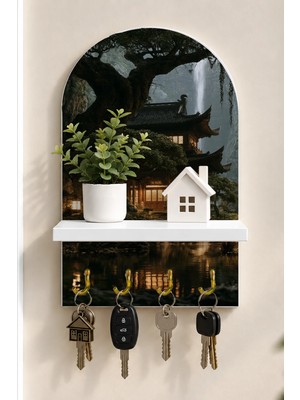 Soprano Ormanda Geleneksel Japon Evi Temalı Raflı 4 Kancalı Duvar Anahtarlığı, 35 x 20 Cm, Mdf