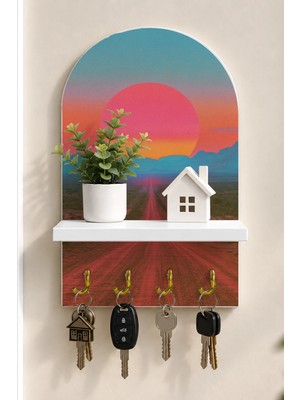 Soprano Kızıl Gün Batımında Çöl Yolu Temalı Raflı 4 Kancalı Duvar Anahtarlığı, 35 x 20 Cm, Mdf