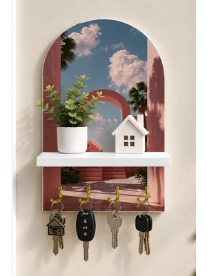 Soprano Güneşli Avluda Şeftali Rengi Kemer Temalı Raflı 4 Kancalı Duvar Anahtarlığı, 35 x 20 Cm, Mdf