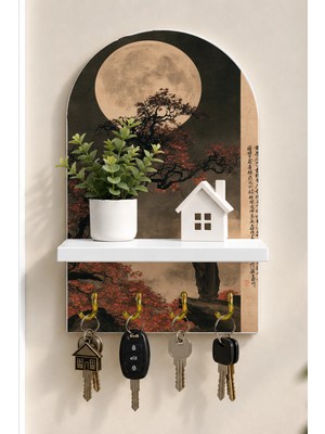 Soprano Dolunay Altında Yalnız Adam Temalı Raflı 4 Kancalı Duvar Anahtarlığı, 35 x 20 Cm, Mdf