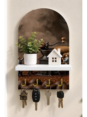 Soprano Antika Kahve Değirmeni Temalı Raflı 4 Kancalı Duvar Anahtarlığı, 35 x 20 Cm, Mdf