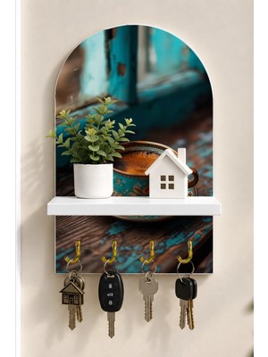 Onyx Lab Onyxlab Türk Kahvesi Fincanı Temalı Raflı 4 Kancalı Duvar Anahtarlığı, 35 x 20 Cm, Mdf