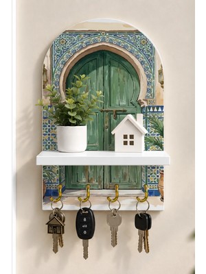 Soprano Yeşil Kemerli Fas Kapısı Temalı Raflı 4 Kancalı Duvar Anahtarlığı, 35 x 20 Cm, Mdf