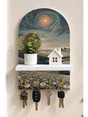 Onyx Lab Onyxlab Dönen Gökyüzü Altında Ağaç Temalı Raflı 4 Kancalı Duvar Anahtarlığı, 35 x 20 Cm, Mdf