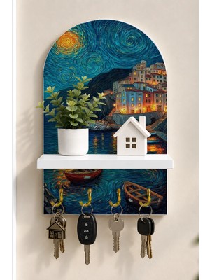 Soprano Yıldızlı Gece Sahil Kasabası Temalı Raflı 4 Kancalı Duvar Anahtarlığı, 35 x 20 Cm, Mdf