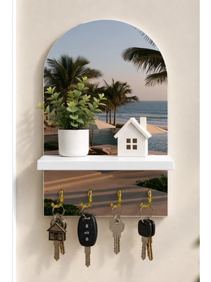 Soprano Tropik Sahil Tatil Yeri Temalı Raflı 4 Kancalı Duvar Anahtarlığı, 35 x 20 Cm, Mdf