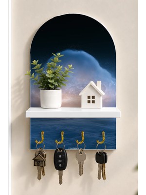 Soprano Işıltılı Deniz ve Bulutlar Temalı Raflı 4 Kancalı Duvar Anahtarlığı, 35 x 20 Cm, Mdf