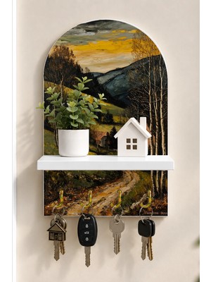 Onyx Lab Onyxlab Dağlara Uzanan Kır Yolu Temalı Raflı 4 Kancalı Duvar Anahtarlığı, 35 x 20 Cm, Mdf