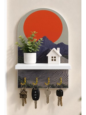 Soprano Turuncu Güneşli Kum Tepeleri Temalı Raflı 4 Kancalı Duvar Anahtarlığı, 35 x 20 Cm, Mdf