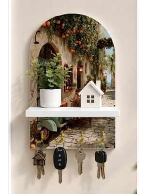 Soprano Çiçekli Akdeniz Sokağı ve Vespa Temalı Raflı 4 Kancalı Duvar Anahtarlığı, 35 x 20 Cm, Mdf