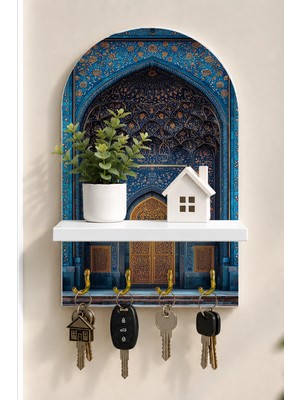 Soprano Mavi Çini Kemerli Kapı Temalı Raflı 4 Kancalı Duvar Anahtarlığı, 35 x 20 Cm, Mdf