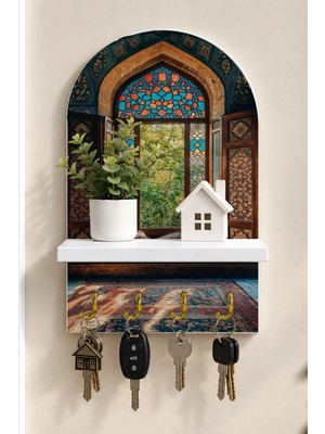 Soprano Renkli Vitraylı Doğu Penceresi Temalı Raflı 4 Kancalı Duvar Anahtarlığı, 35 x 20 Cm, Mdf