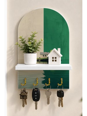 Onyx Lab Onyxlab Yeşil Fonlu Kıyı Evi Temalı Raflı 4 Kancalı Duvar Anahtarlığı, 35 x 20 Cm, Mdf