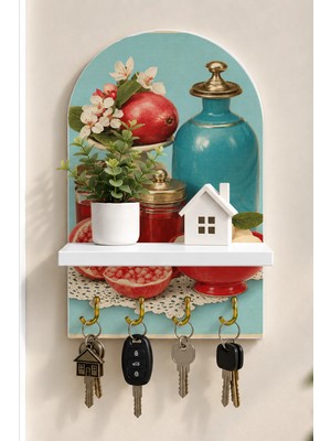 Soprano Nar ve Mavi Seramik Vazolar Temalı Raflı 4 Kancalı Duvar Anahtarlığı, 35 x 20 Cm, Mdf