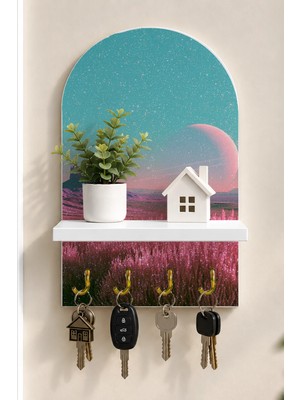 Soprano Pembe Çölde Ay Temalı Raflı 4 Kancalı Duvar Anahtarlığı, 35 x 20 Cm, Mdf