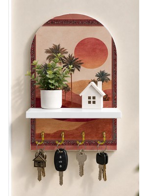 Soprano Palmiyeli Çöl Gün Batımı Temalı Raflı 4 Kancalı Duvar Anahtarlığı, 35 x 20 Cm, Mdf