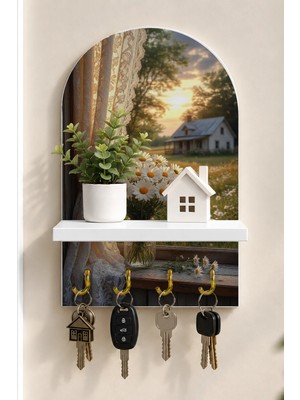Soprano Papatyalı Kır Evi Penceresi Temalı Raflı 4 Kancalı Duvar Anahtarlığı, 35 x 20 Cm, Mdf