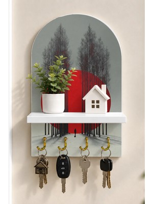 Soprano Ağaçlar Arasında Kırmızı Güneş Temalı Raflı 4 Kancalı Duvar Anahtarlığı, 35 x 20 Cm, Mdf