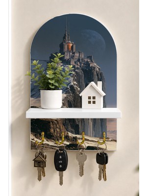 Onyx Lab Onyxlab Dağ Yamacında Kale Temalı Raflı 4 Kancalı Duvar Anahtarlığı, 35 x 20 Cm, Mdf