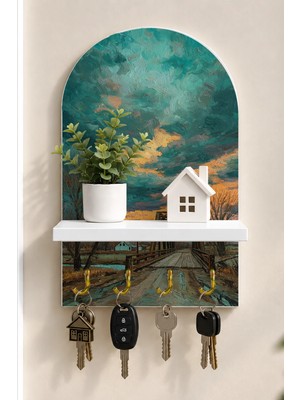 Onyx Lab Onyxlab Fırtına Altında Kır Köprüsü Temalı Raflı 4 Kancalı Duvar Anahtarlığı, 35 x 20 Cm, Mdf