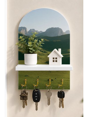 Soprano Yeşil Alp Yaylası Temalı Raflı 4 Kancalı Duvar Anahtarlığı, 35 x 20 Cm, Mdf