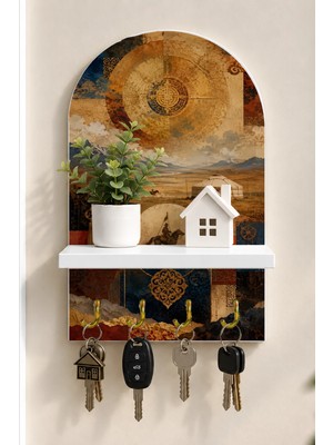 Soprano Antik Harita ve Doğu Kemeri Temalı Raflı 4 Kancalı Duvar Anahtarlığı, 35 x 20 Cm, Mdf